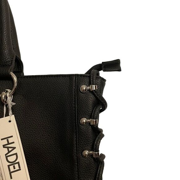 Hadel Black Vegan Faux Leather Tote Bag NWT - Picture 2 of 7